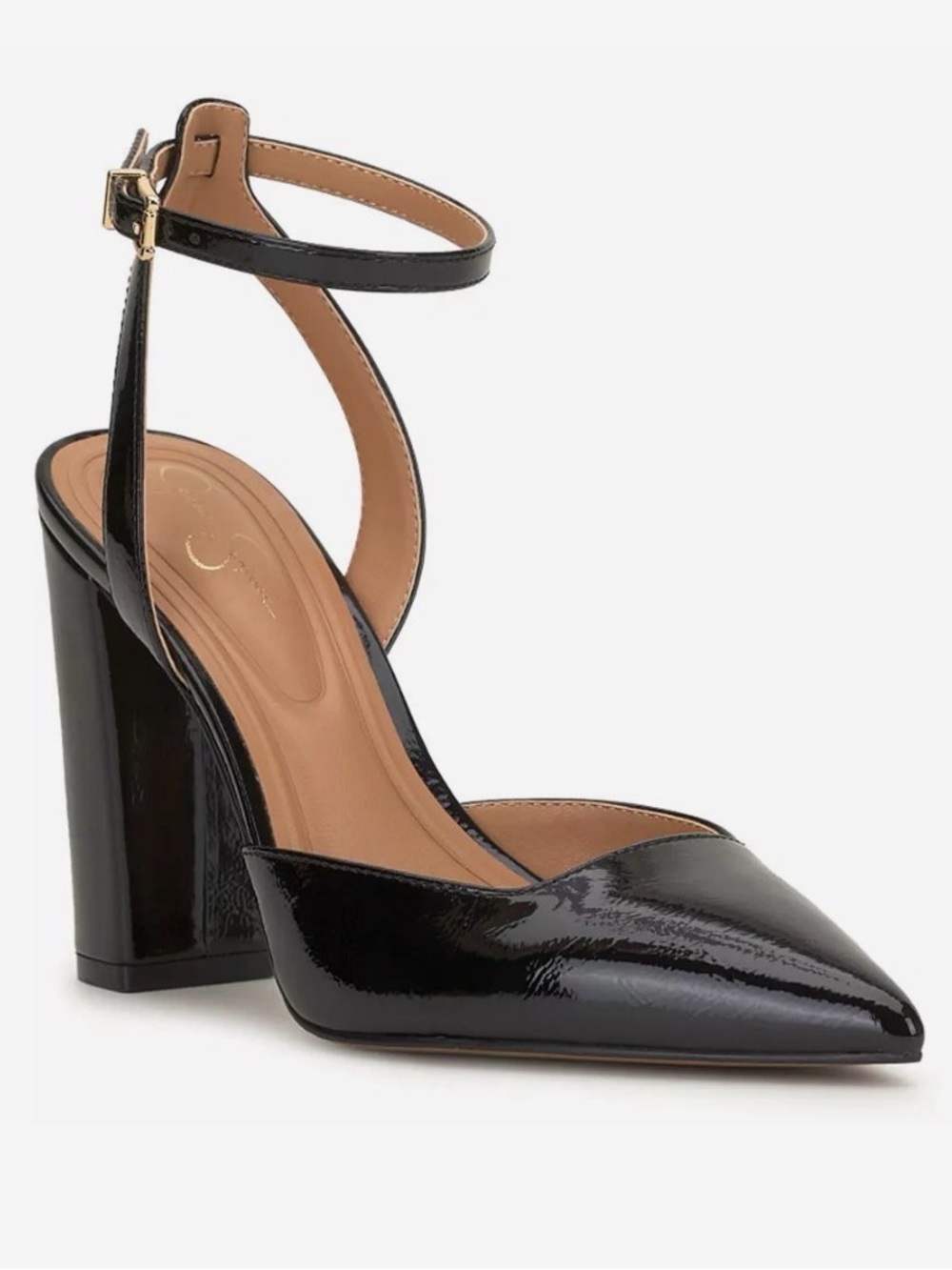 Jessica Simpson Nazela Black Patent Pointed Toe Ankle Strap Pumps, Size 6.5, NEW